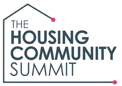 white background with white text under a roof reading 'housing community summit'